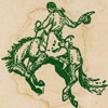 Cowboy kitsch business card/beer coaster featuring a bucking bronco.